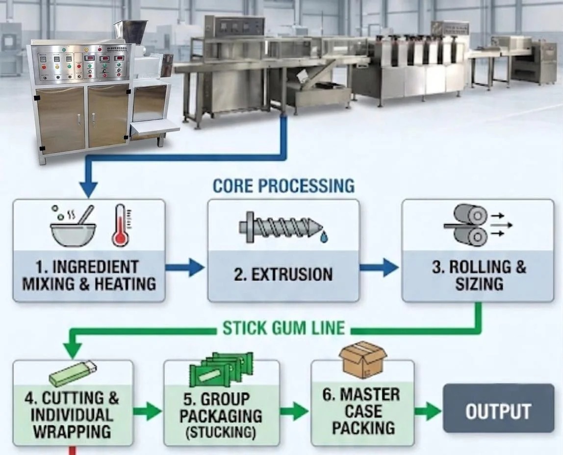 Chewing gum production process flow